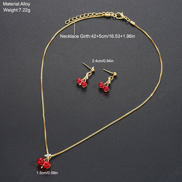 Wholesale Cherry Fruit Pattern Pendant Earrings Necklace Jewelry Suit Alloy Electroplated All Match Light Luxury Elegant Fashion Jewelry