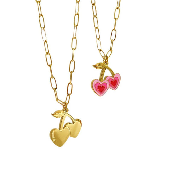Wholesale Cherry Girl Pink Pendant Necklace Titanium Steel Geometric Fruit Style Furnace Vacuum Electroplated 18K Real Gold Color Retaining