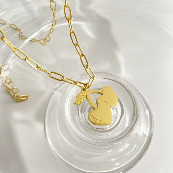 Wholesale Cherry Girl Pink Pendant Necklace Titanium Steel Geometric Fruit Style Furnace Vacuum Electroplated 18K Real Gold Color Retaining
