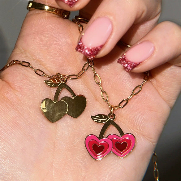 Wholesale Cherry Girl Pink Pendant Necklace Titanium Steel Geometric Fruit Style Furnace Vacuum Electroplated 18K Real Gold Color Retaining