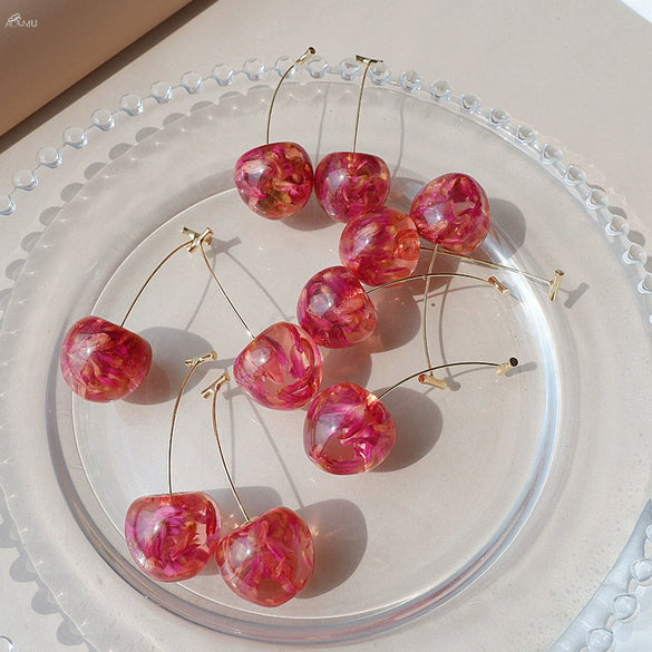 Wholesale Cherry Petal And Cherry Fruit Stud Earrings Made Of Alloy With Dripping Oil