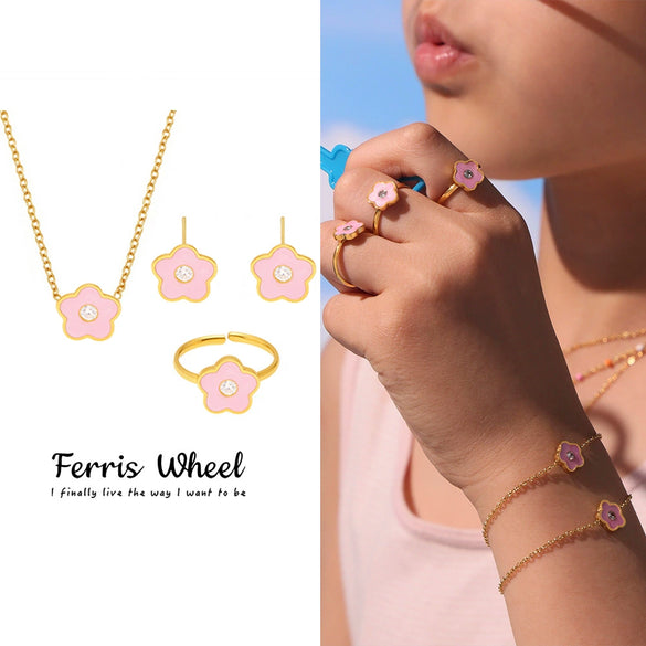 Wholesale Children's Fashion Jewelry Set With Ferris Wheel And Flower Inlaid Zircon Stainless Steel And Titanium Steel Plated With 18K Real Gold For Women