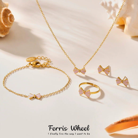 Wholesale Children's Jewelry Ferris Wheel Pink Oil Dripping Bow Heart Stainless Steel Titanium Steel Chain Electroplated Necklace Bracelet Anklet Ring Earrings Set