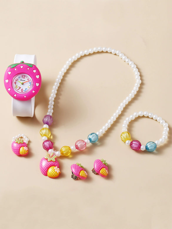Wholesale Children's Silicone Cartoon Style Multi Style Watch Bracelet Necklace Hairpin Ring Set With Round Dial
