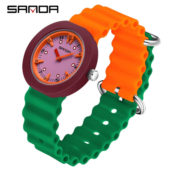 Wholesale Children's Student Watch Alloy Alloy Case Stainless Steel Buckle Silicone Strap Round Colorblocking Threedimensional Dial Waterproof Quartz Watch