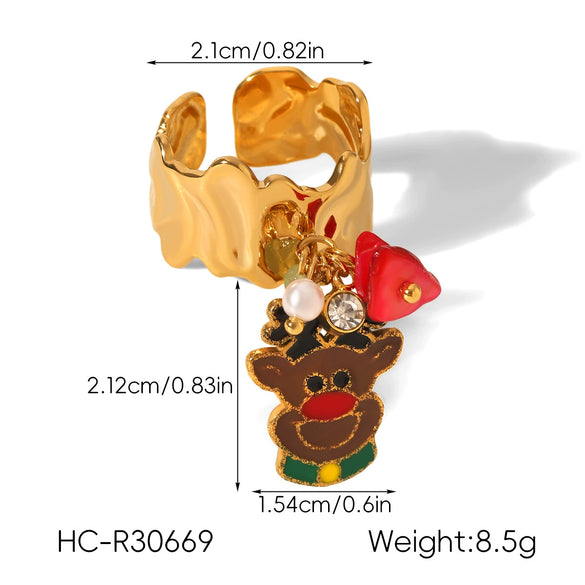 Wholesale Christmas Series Stainless Steel Ring With Christmas Tree Snowman Elk Bell Pendant Jewelry For Women Featuring Animal Branch Patterns And Dripping Oil Design