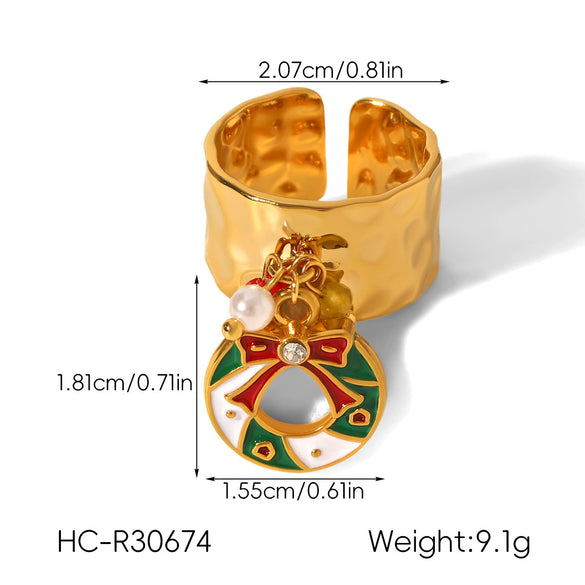 Wholesale Christmas Series Stainless Steel Ring With Christmas Tree Snowman Elk Bell Pendant Jewelry For Women Featuring Animal Branch Patterns And Dripping Oil Design