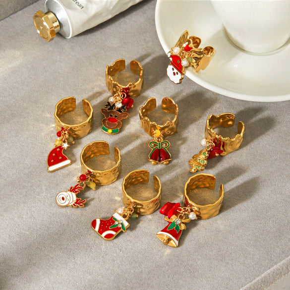 Wholesale Christmas Series Stainless Steel Ring With Christmas Tree Snowman Elk Bell Pendant Jewelry For Women Featuring Animal Branch Patterns And Dripping Oil Design