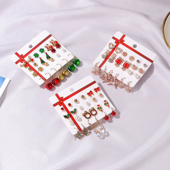 Wholesale Christmas Suit Earrings For Women Alloy Santa Claus Bell Christmas Tree Oil Dropping Electroplated 12 Piece Set Card Earrings