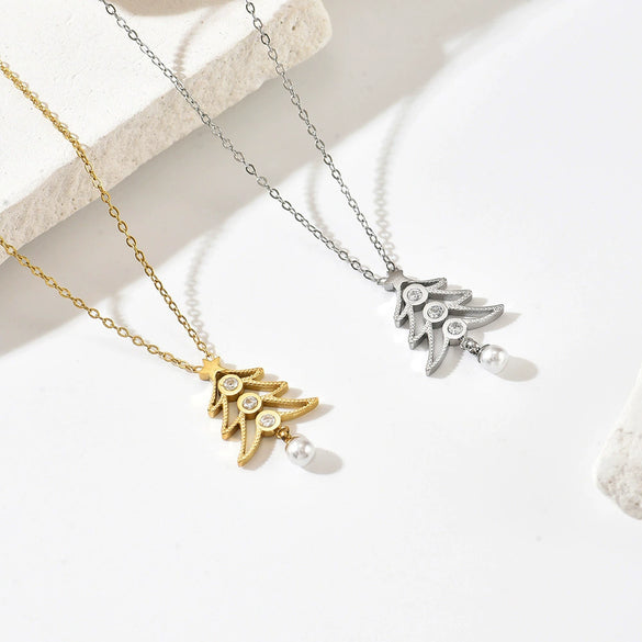 Wholesale Christmas Themed Geometric Diamond Pearl Necklace For Women With Vacuum Plating In Furnace