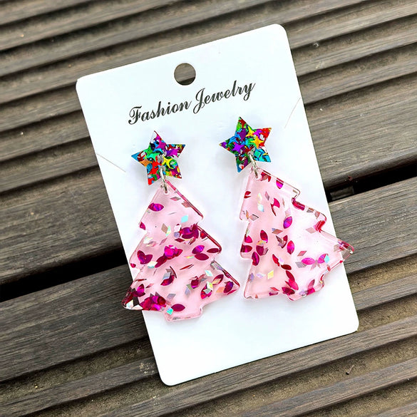 Wholesale Christmas Tree Pendant Earrings Printed Acrylic Geometric Fivepointed Star Earrings For Women