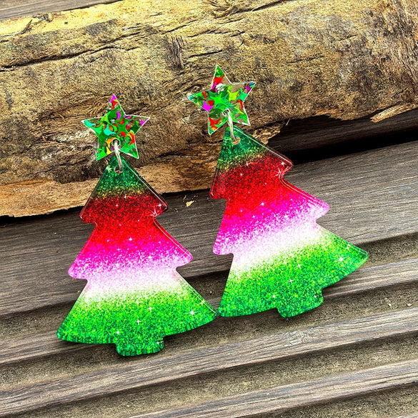 Wholesale Christmas Tree Pendant Earrings Printed Acrylic Geometric Fivepointed Star Earrings For Women