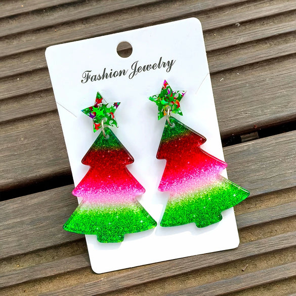 Wholesale Christmas Tree Pendant Earrings Printed Acrylic Geometric Fivepointed Star Earrings For Women