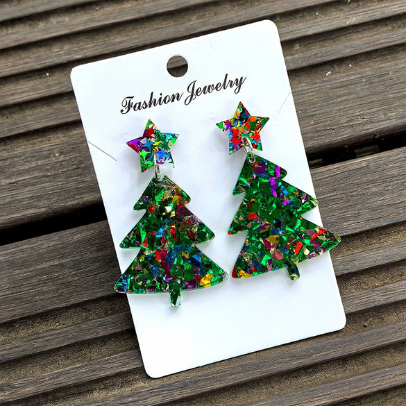 Wholesale Christmas Tree Pendant Earrings Printed Acrylic Geometric Fivepointed Star Earrings For Women