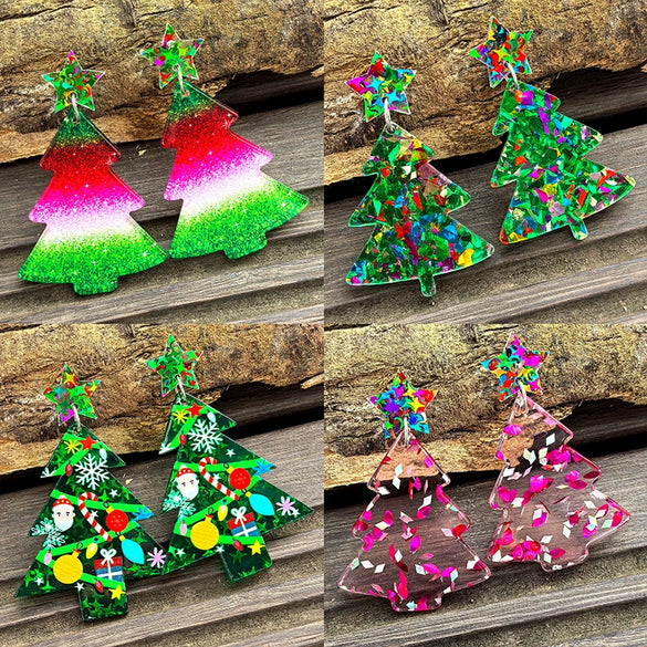 Wholesale Christmas Tree Pendant Earrings Printed Acrylic Geometric Fivepointed Star Earrings For Women
