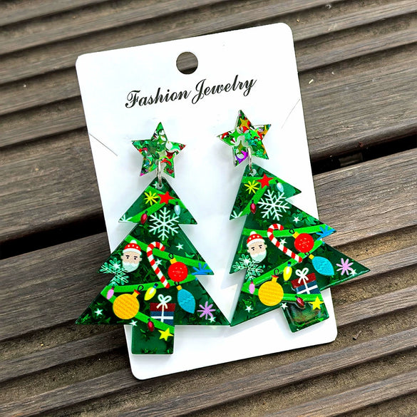 Wholesale Christmas Tree Pendant Earrings Printed Acrylic Geometric Fivepointed Star Earrings For Women