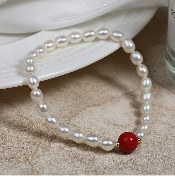 Wholesale Cinnabar And Freshwater Pearl Bracelet With Special Shape And Copper Accessories