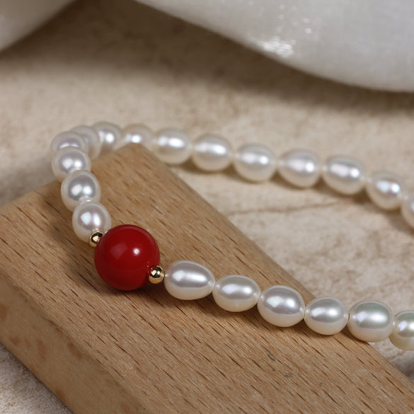 Wholesale Cinnabar And Freshwater Pearl Bracelet With Special Shape And Copper Accessories