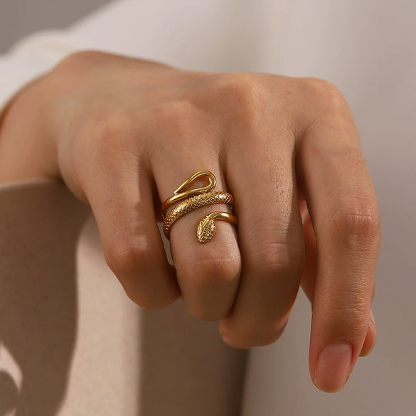 Wholesale Classic Texture Snake Design Hollow Adjustable Ring For Women 18K Gold Plated Stainless Steel With Geometric Pattern And Electroplating