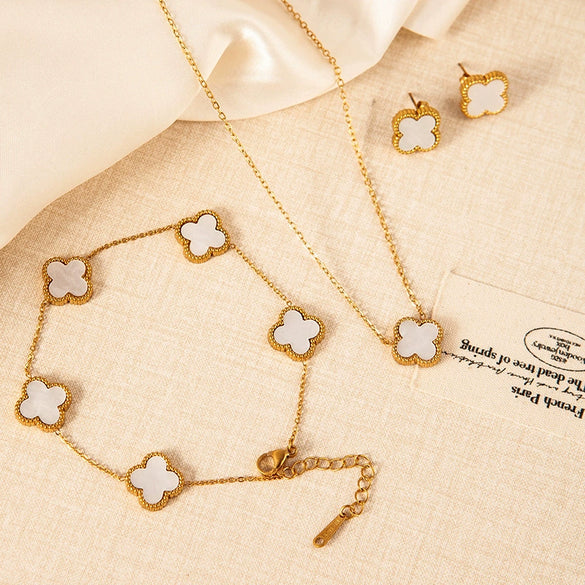 Wholesale Classy Hand Jewelry Set With Four Leaf Clover Acrylic Earrings Necklaces And Shell Bracelets In Stainless Steel And Titanium Steel With Electroplating Process