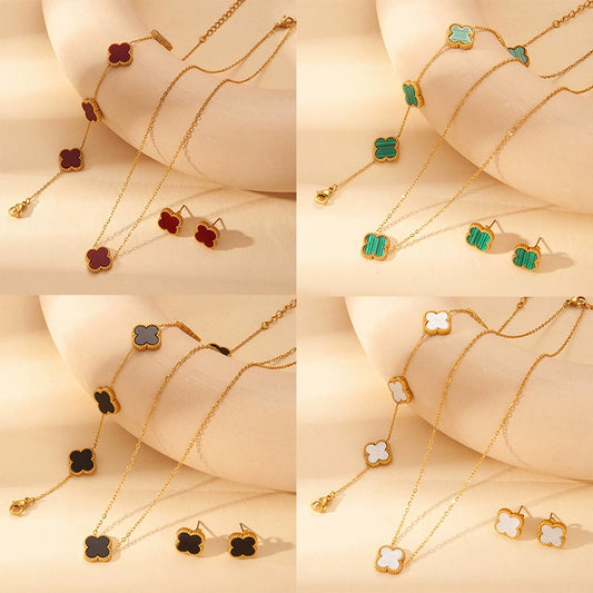 Wholesale Classy Hand Jewelry Set With Four Leaf Clover Acrylic Earrings Necklaces And Shell Bracelets In Stainless Steel And Titanium Steel With Electroplating Process