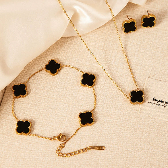 Wholesale Classy Hand Jewelry Set With Four Leaf Clover Acrylic Earrings Necklaces And Shell Bracelets In Stainless Steel And Titanium Steel With Electroplating Process