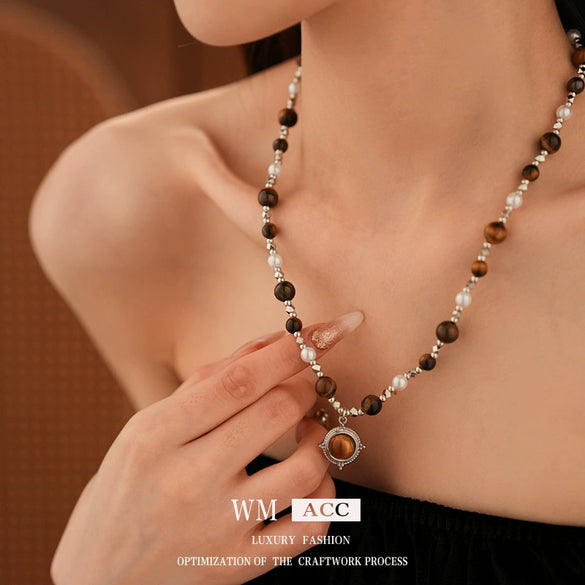 Wholesale Clavicle Chain Artificial Tiger Eye Stone And Pearl Geometric Style Electroplated Necklace