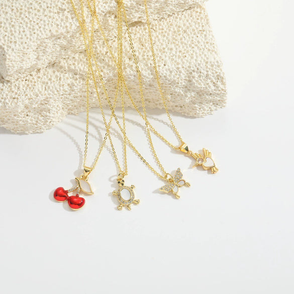 Wholesale Clavicle Chain Copper Mixed Gemstone Setting Sweet Retro Cherry Shape Electroplating Design For Women