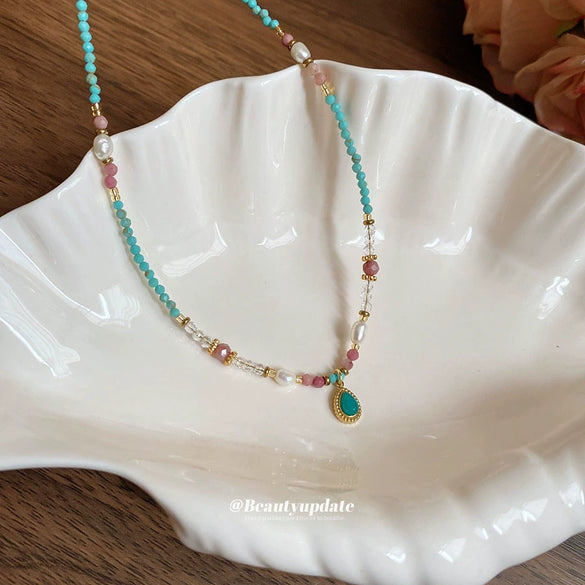 Wholesale Clavicle Chain Handmade Vintage Titanium Steel Freshwater Pearl Turquoise Geometric Beaded Necklace For Women