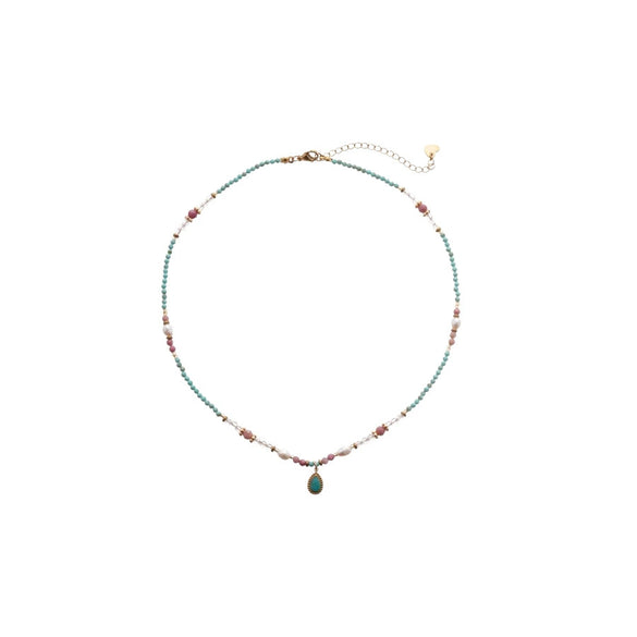 Wholesale Clavicle Chain Handmade Vintage Titanium Steel Freshwater Pearl Turquoise Geometric Beaded Necklace For Women