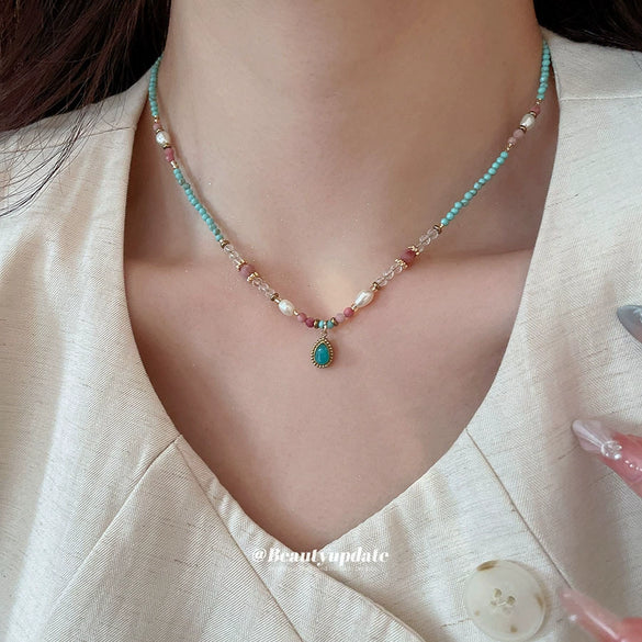 Wholesale Clavicle Chain Handmade Vintage Titanium Steel Freshwater Pearl Turquoise Geometric Beaded Necklace For Women
