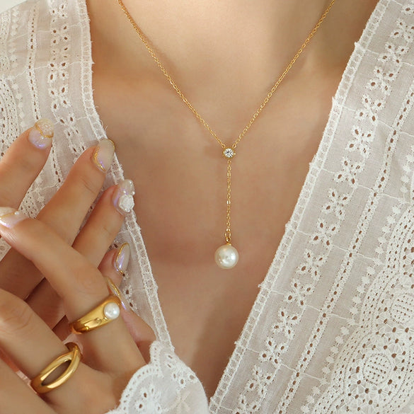 Wholesale Clavicle Chain Imitation Pearl Tassel Pendant Zircon Inlaid Titanium Steel Geometric Style Electroplated