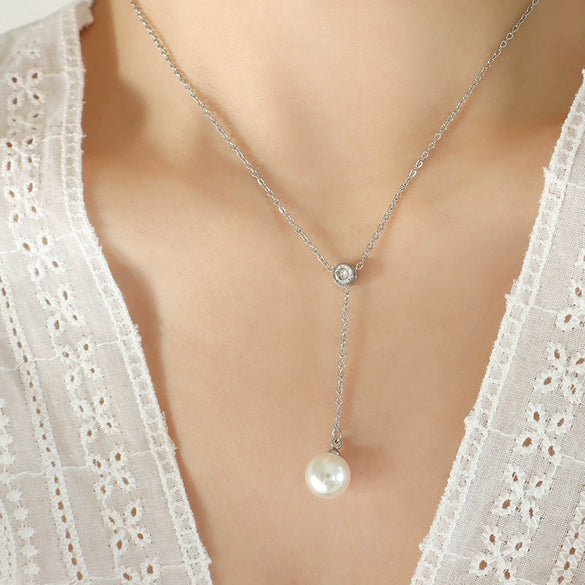 Wholesale Clavicle Chain Imitation Pearl Tassel Pendant Zircon Inlaid Titanium Steel Geometric Style Electroplated