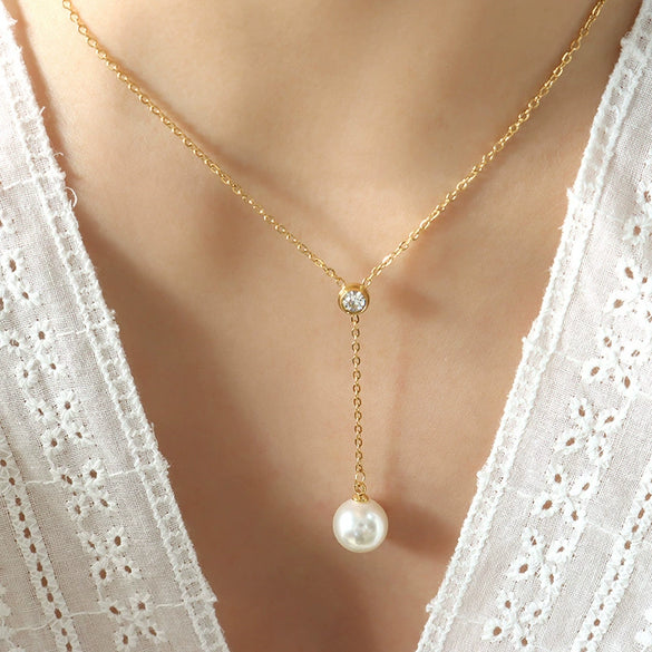 Wholesale Clavicle Chain Imitation Pearl Tassel Pendant Zircon Inlaid Titanium Steel Geometric Style Electroplated