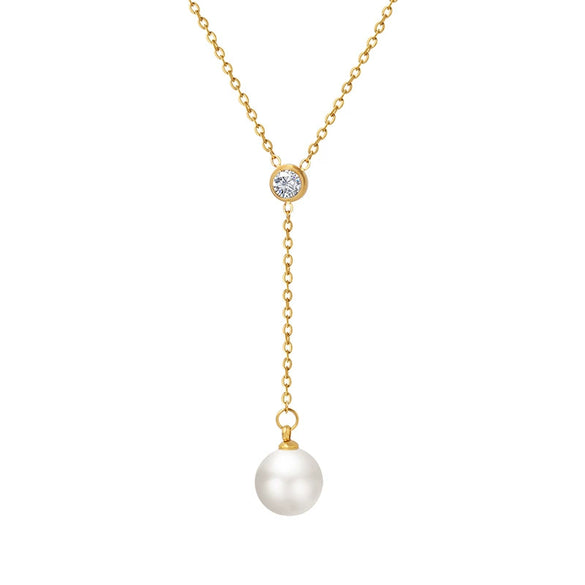Wholesale Clavicle Chain Imitation Pearl Tassel Pendant Zircon Inlaid Titanium Steel Geometric Style Electroplated