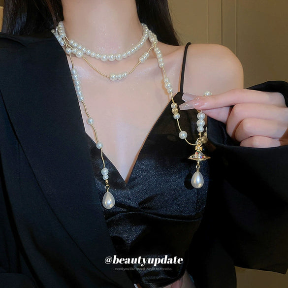 Wholesale Clavicle Chain Multilayer Tassel Necklace Alloy Imitation Pearl Water Drop Shape Handmade French Retro Style For Women