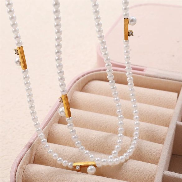 Wholesale Clavicle Chain Necklace 316L Stainless Steel Imitation Pearl Retro Simple Zircon Electroplated For Women