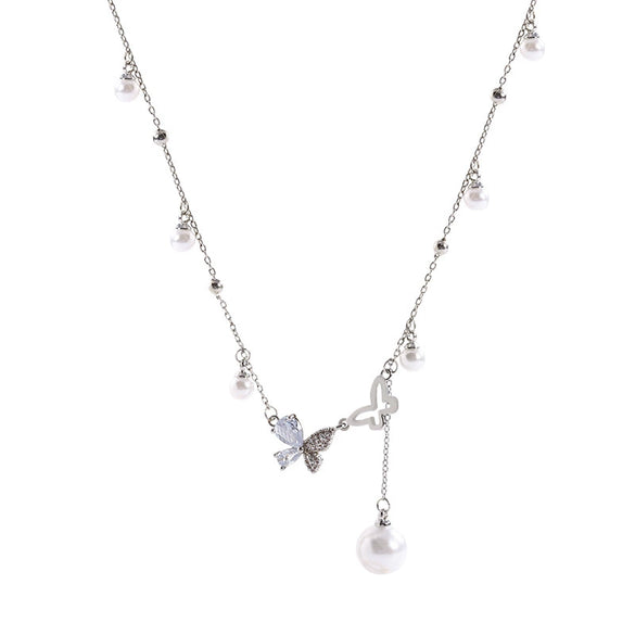 Wholesale Clavicle Chain Necklace Women's Titanium Steel Copper Electroplating Tassel Pearl Bow Design