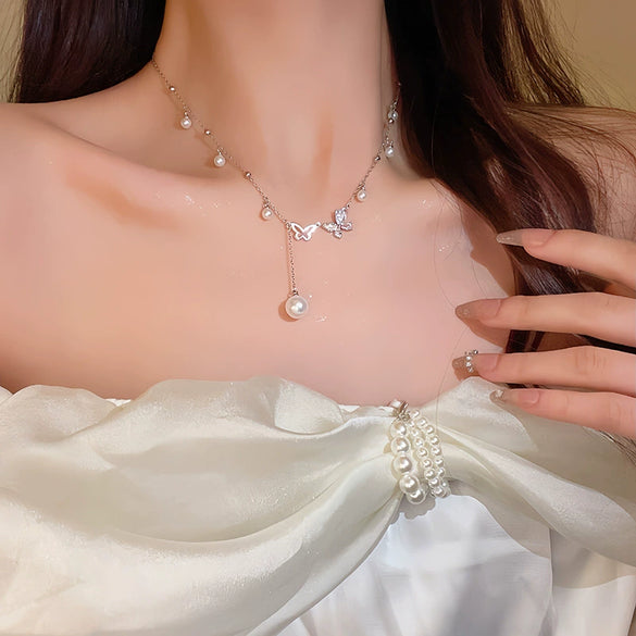 Wholesale Clavicle Chain Necklace Women's Titanium Steel Copper Electroplating Tassel Pearl Bow Design