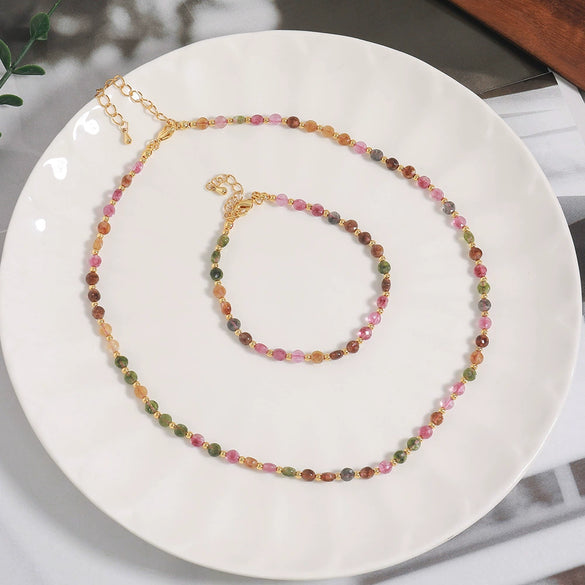 Wholesale Clavicle Chain Set Natural Tourmaline And Stainless Steel Geometric Electroplated Hand Beaded For Women