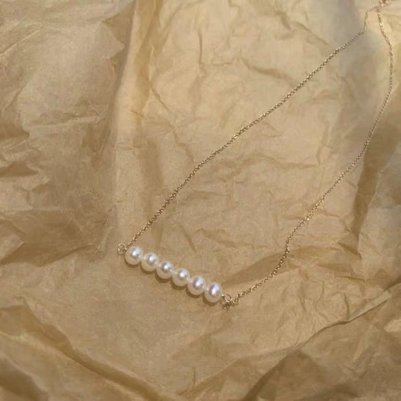 Wholesale Clavicle Chain 925 Silver 14K Gold Natural Freshwater Pearl Nearly Round Retro Minimalist