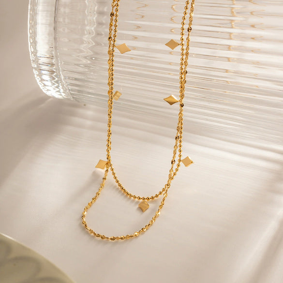 Wholesale Clavicle Chain Stainless Steel Double Layer Overlapped Diamond Sequin Tassel Necklace With Geometric Design And Electroplating