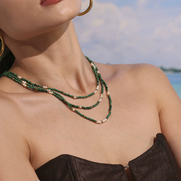 Wholesale Clavicle Necklace Handmade Beaded Malachite Natural Freshwater Pearl 316L Stainless Steel Geometric Electroplating Women's Accessories