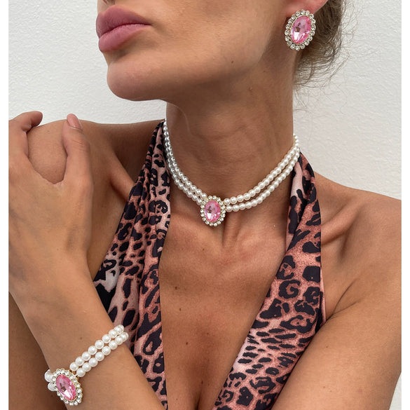 Wholesale Clavicle Necklace Imitation Pearl Alloy Acrylic Diamond Geometric French Retro Style Set With Diamonds Ball Chain