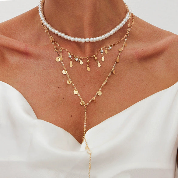 Wholesale Clavicle Necklace Imitation Pearl Copperclad Iron Chain Rhinestone Geometric Electroplated For Women