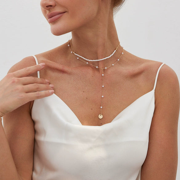 Wholesale Clavicle Necklace Imitation Pearl Copperclad Iron Geometric Electroplated