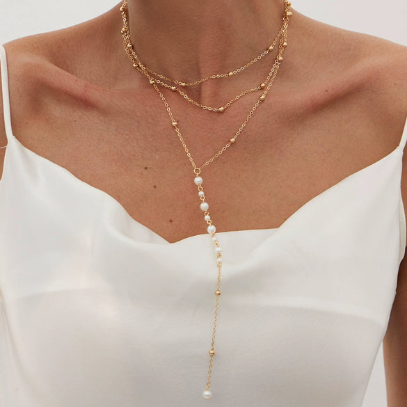 Wholesale Clavicle Necklace Imitation Pearl Copperclad Iron Geometric Electroplated