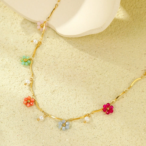 Wholesale Clavicle Necklace Stainless Steel Color Crystal Zircon Flower Electroplated Light Luxury Women's
