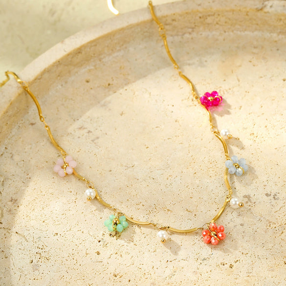Wholesale Clavicle Necklace Stainless Steel Color Crystal Zircon Flower Electroplated Light Luxury Women's