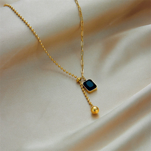 Wholesale Clavicle Necklace Stainless Steel Geometric Black Square Diamond Round Beads Asymmetrical Pullout Adjustable Ball Chain Electroplated For Women